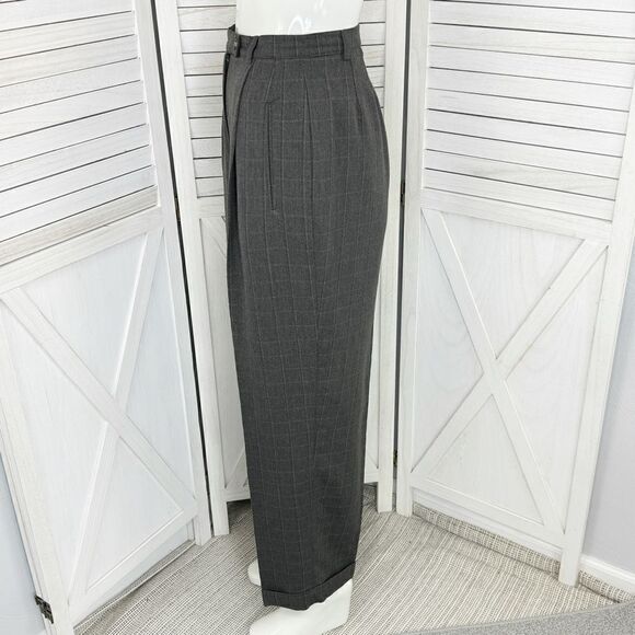 Geoffrey Beene Windowpane High Waist Cuff Hem Straight Leg Trouser Pants Grey 8 - Picture 2 of 16